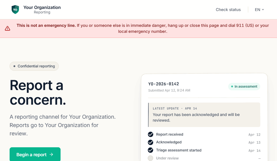 The branded ARIA reporter portal — a report form and live case status for a sample organization